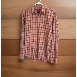 Patagonia Mens Shirt Small Orange Plaid Soft Organic Cotton Long Sleeve Sleeve